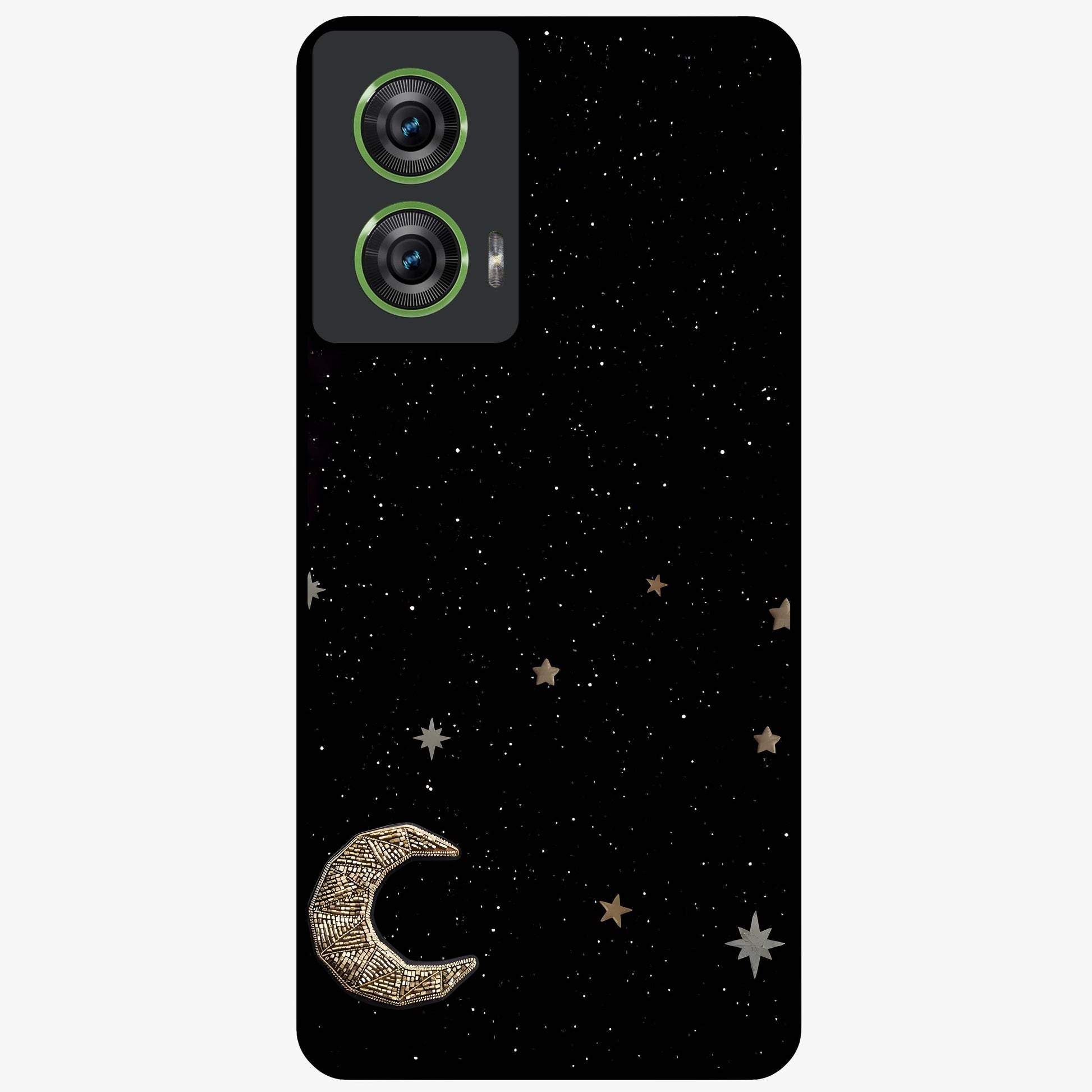 Twinkle Star With Half Moon Glass Case showing flat back view with star and half moon artwork and glossy glass finish.