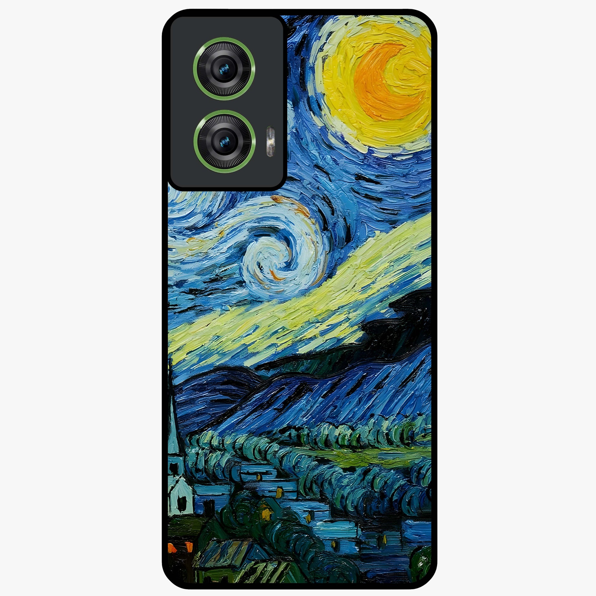 Van Gogh Art Glass Case showing flat back view with classic painterly artwork inspired by Van Gogh style and glossy glass finish.