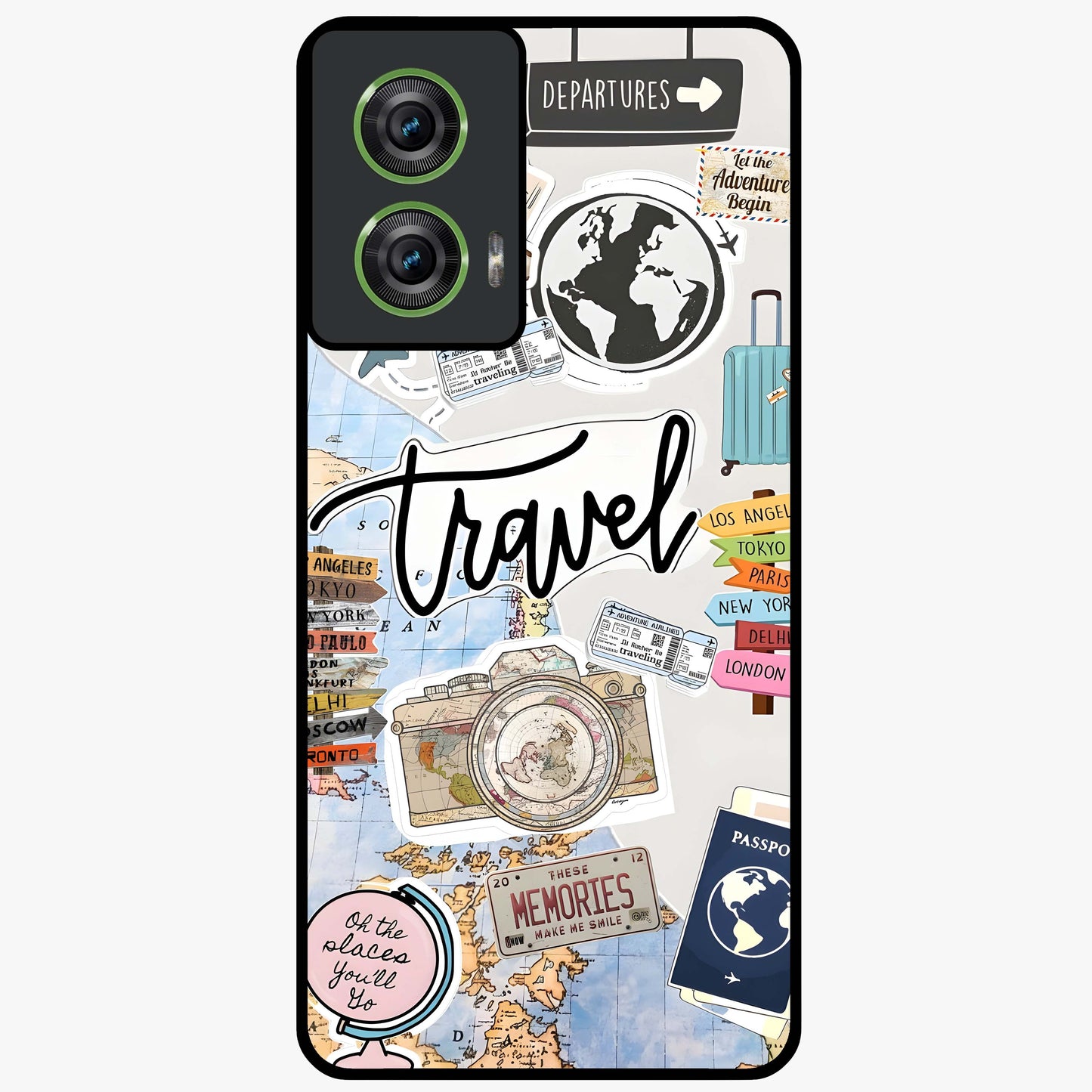 Wanderlust Journal Glass Case showing flat back view with travel inspired artwork and glossy glass finish.