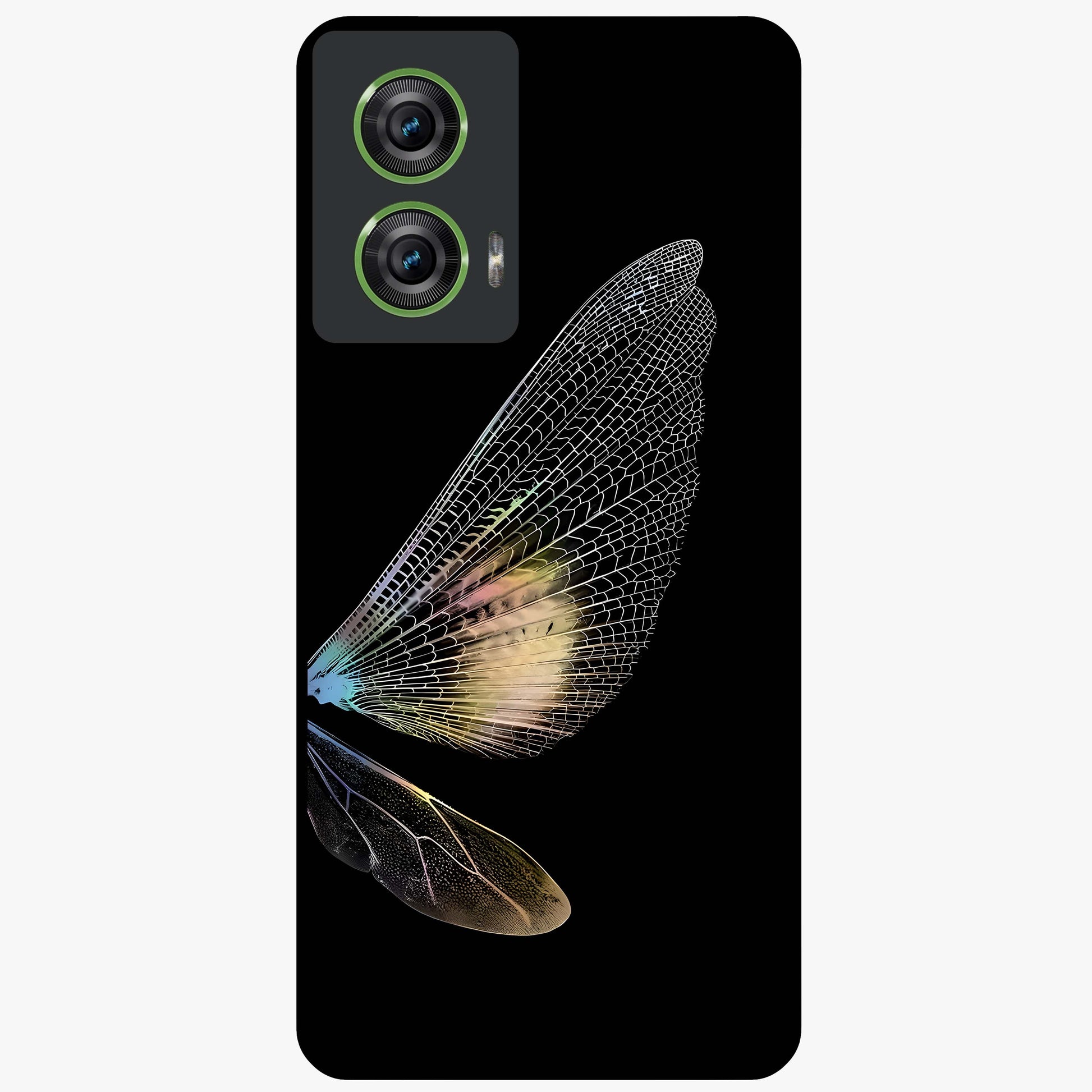 Whispers Of Wings Glass Case showing flat back view with graceful wing inspired artwork and glossy glass finish.
