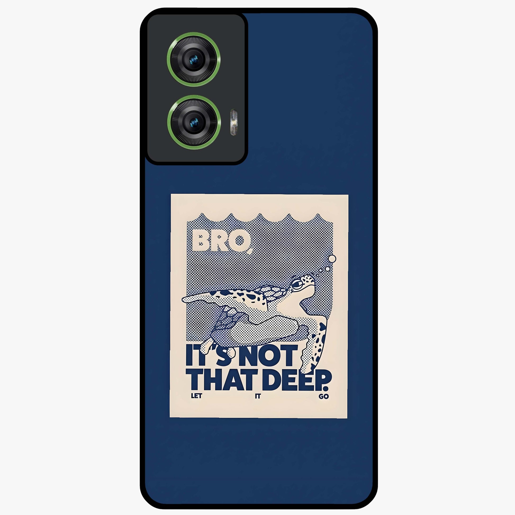 Worry Less Swim Glass Case showing flat back view with playful motivational artwork and glossy glass finish.