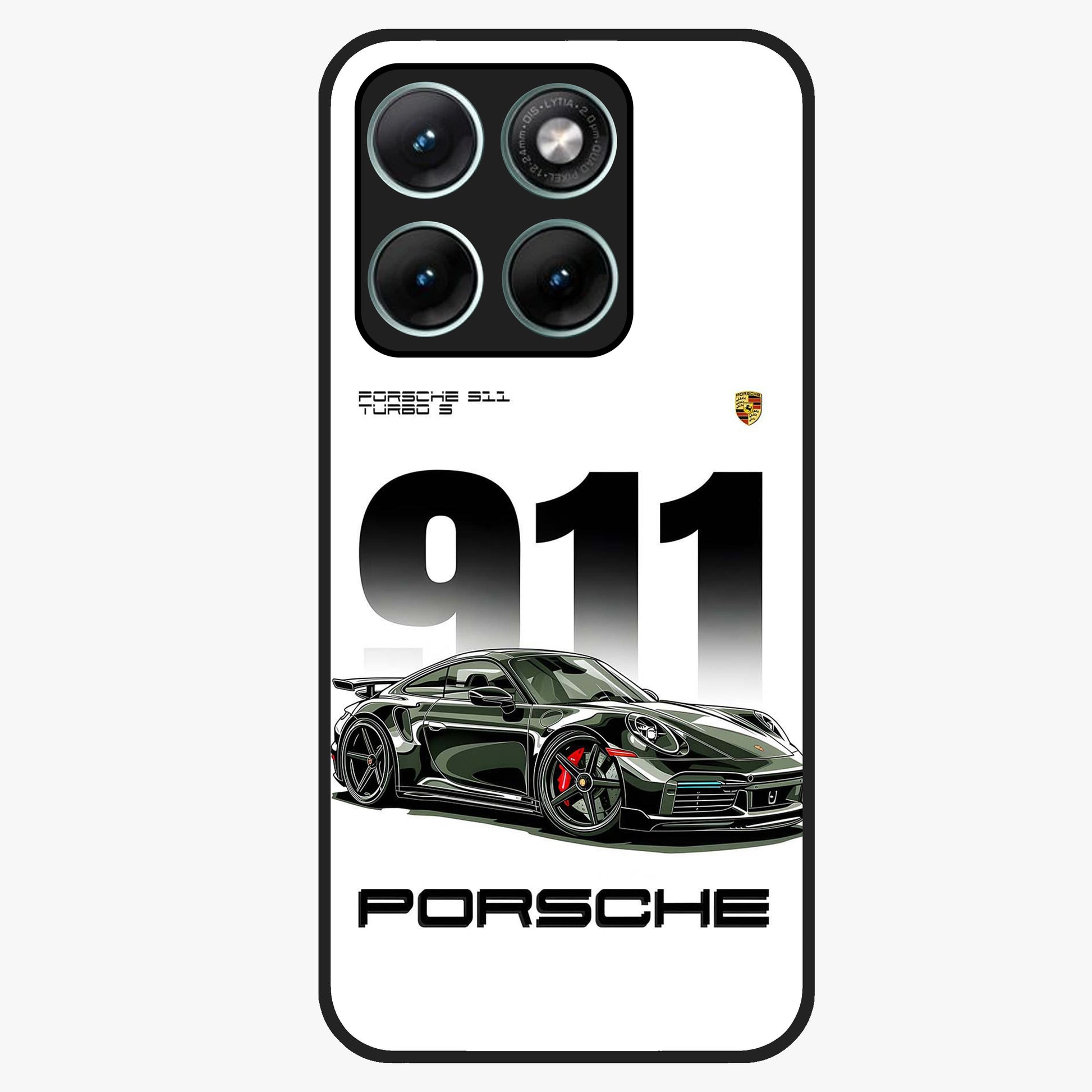 911 Turbo Dominance Glass Case showing clean flat back view with bold 911 sports car artwork and glossy glass finish.