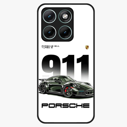 911 Turbo Dominance Glass Case showing clean flat back view with bold 911 sports car artwork and glossy glass finish.