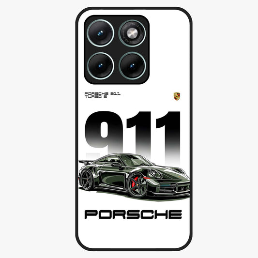911 Turbo Dominance Glass Case showing clean flat back view with bold 911 sports car artwork and glossy glass finish.