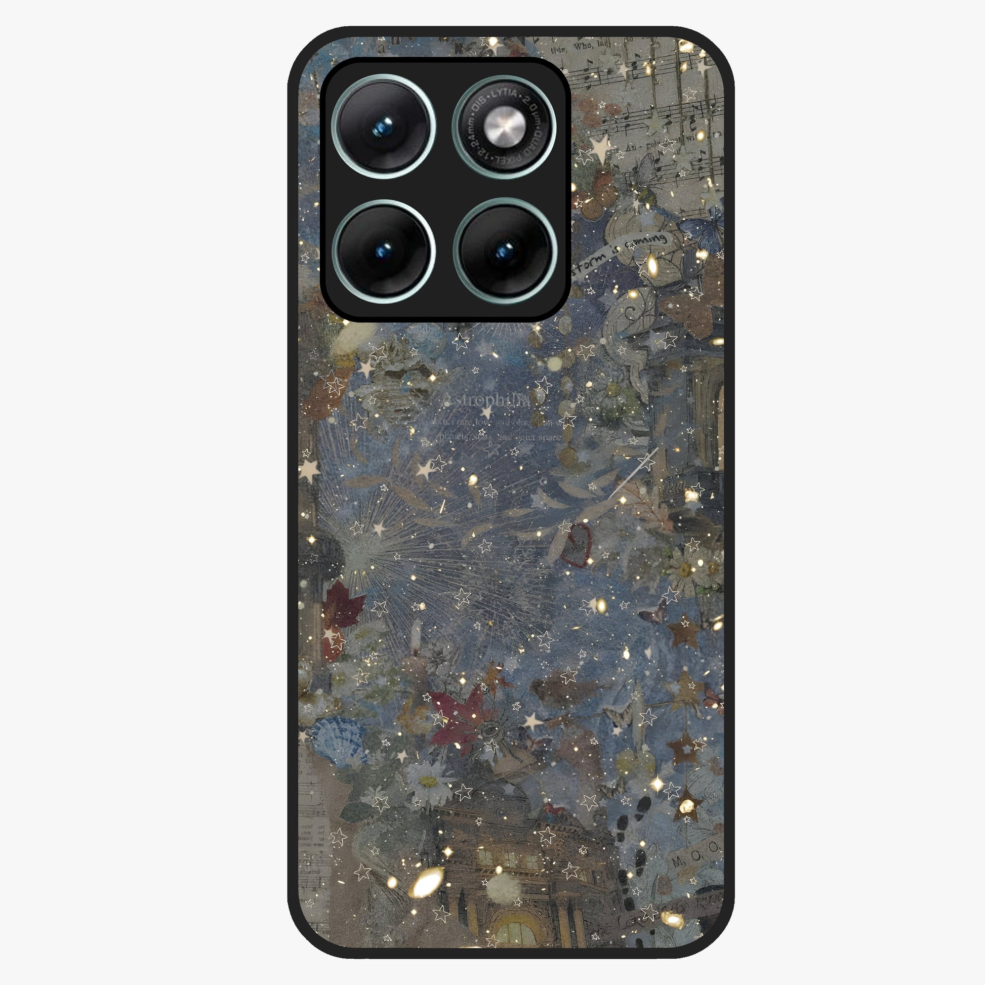 Aesthetic Astrolophia Glass Case showing flat back view with dreamy aesthetic design and glossy glass finish.