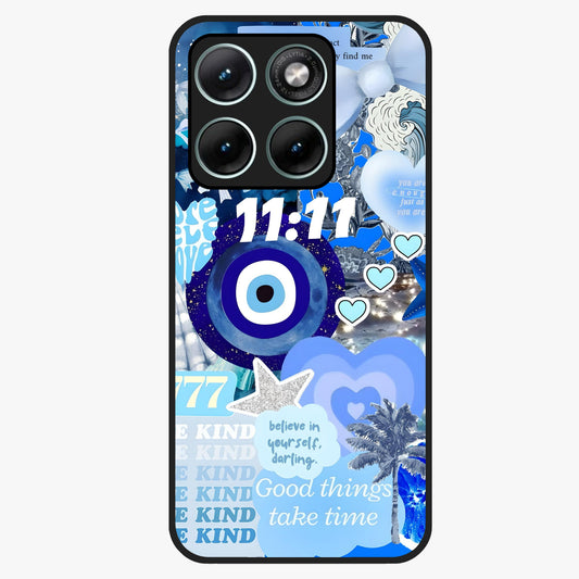 Aesthetic Be Kind Eye Glass Case showing flat back view with motivational eye artwork and glossy glass finish.