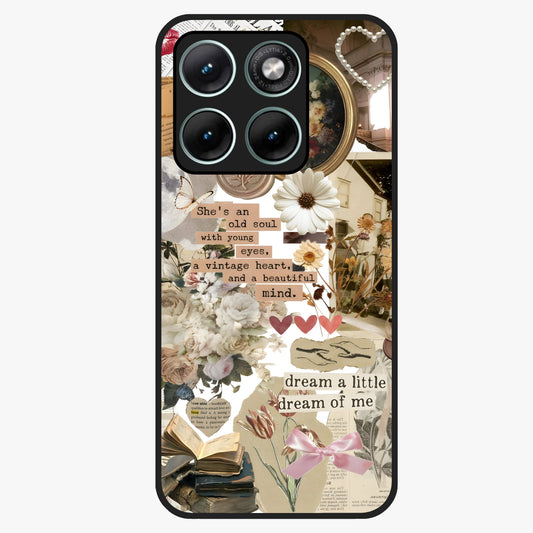 Aesthetic Brown Vintage Collage Glass Case showing flat back view with retro collage artwork and glossy glass finish.