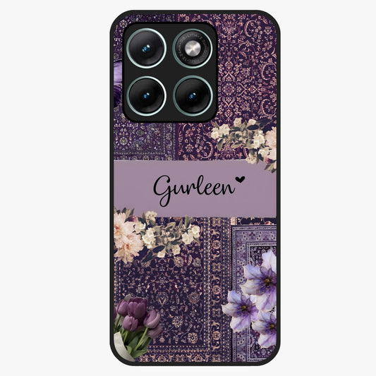 Antique Floral Whisper Custom Name Glass Case showing flat back view with vintage floral artwork and personalized name design.