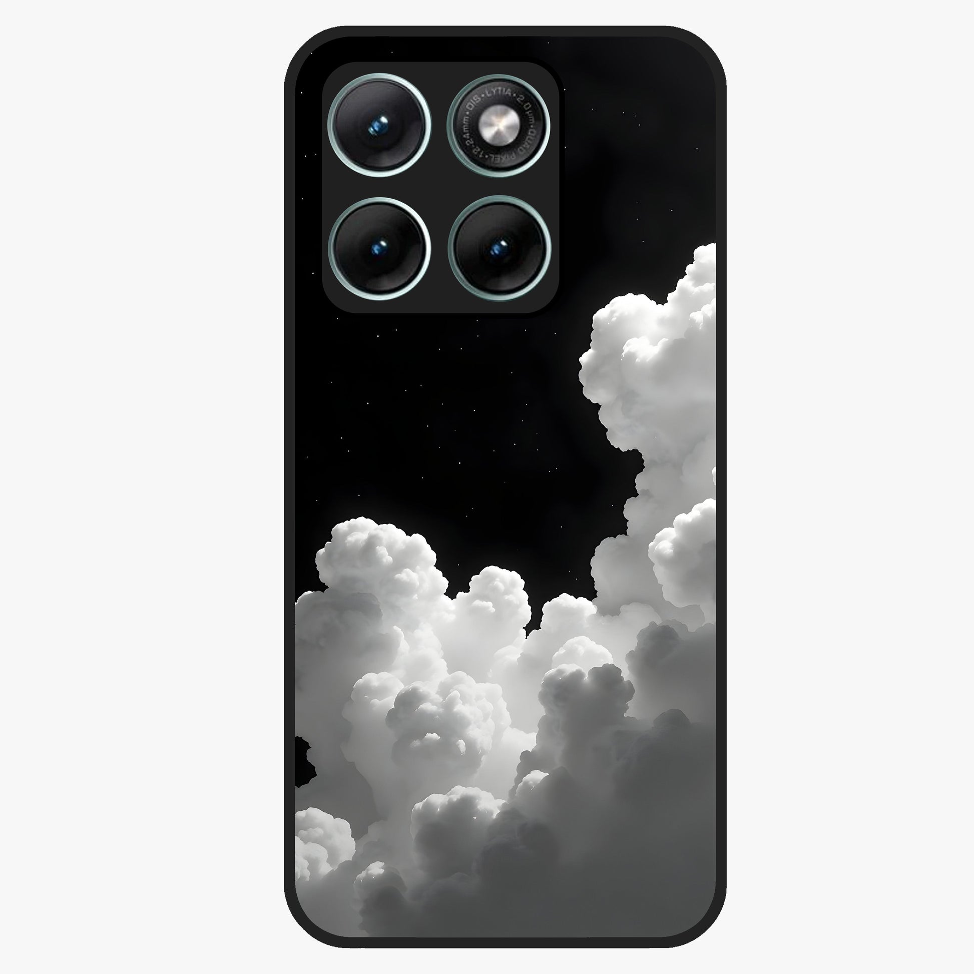 Black Background With White Cloud Glass Case showing flat back view with minimal cloud artwork on dark background and glossy glass finish.