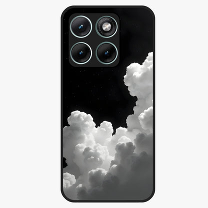 Black Background With White Cloud Glass Case showing flat back view with minimal cloud artwork on dark background and glossy glass finish.
