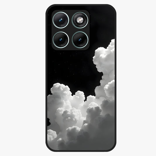 Black Background With White Cloud Glass Case showing flat back view with minimal cloud artwork on dark background and glossy glass finish.