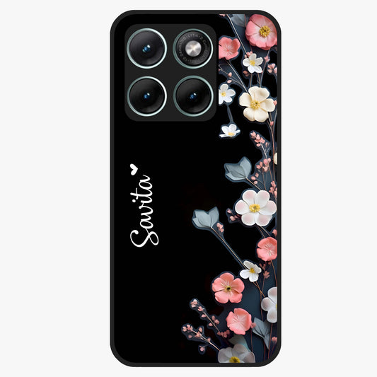 Black Elegance Floral Custom Name Glass Case showing flat back view with elegant floral artwork and personalized name design.