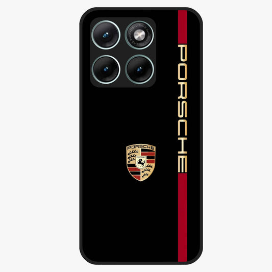Black Minimal Porsche Glass Case showing flat back view with sleek minimal sports car artwork and glossy glass finish.