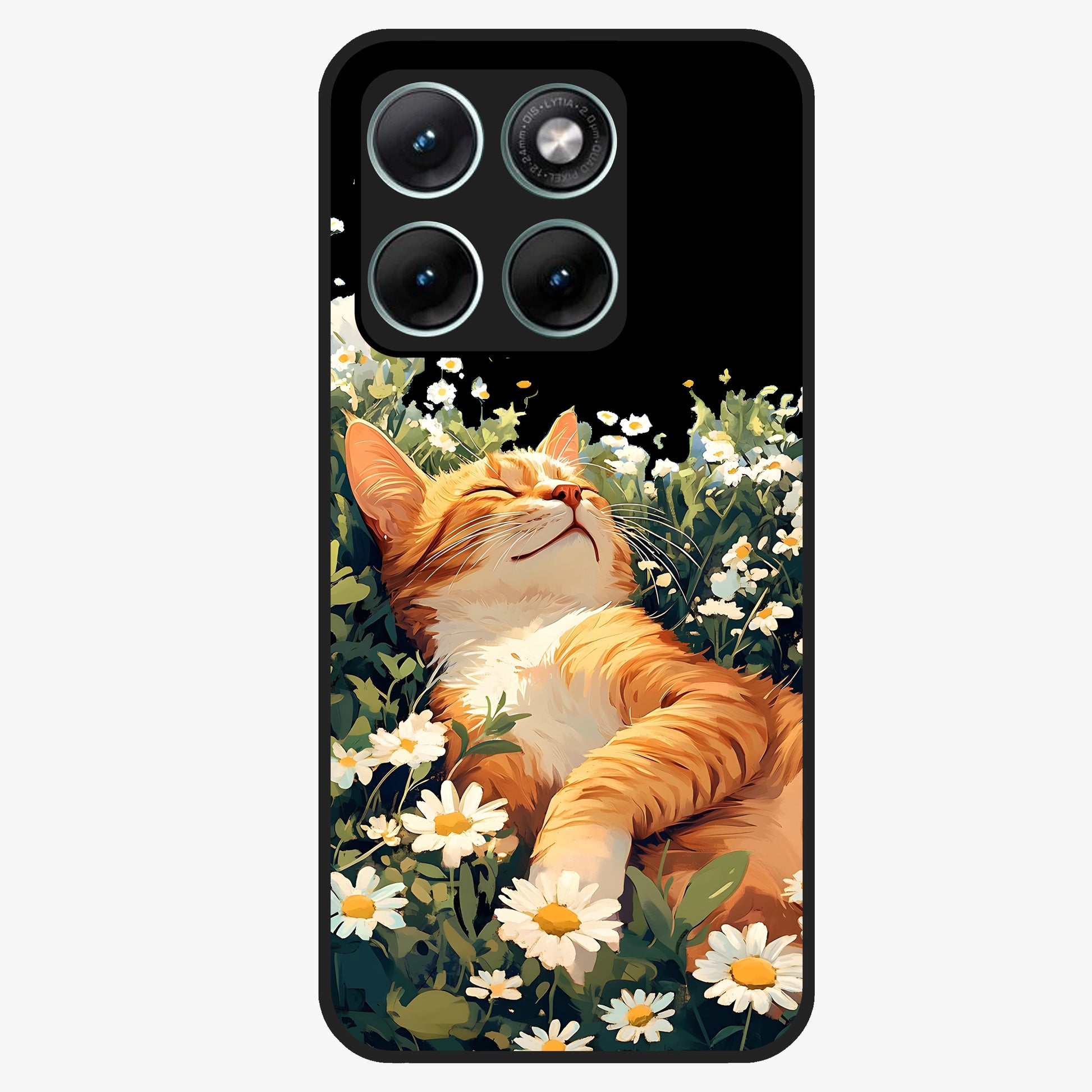 Blissful Bloom Cat Glass Case showing flat back view with cute cat and floral bloom artwork and glossy glass finish.