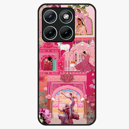 Blossoms of Rajasthan Glass Case showing flat back view with traditional floral artwork inspired by Rajasthan and glossy glass finish.