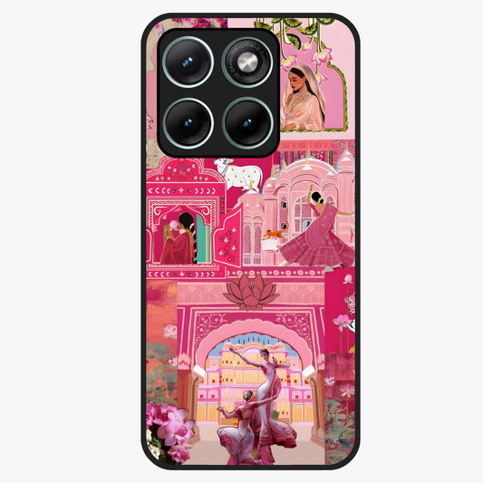Blossoms of Rajasthan Glass Case showing flat back view with traditional floral artwork inspired by Rajasthan and glossy glass finish.