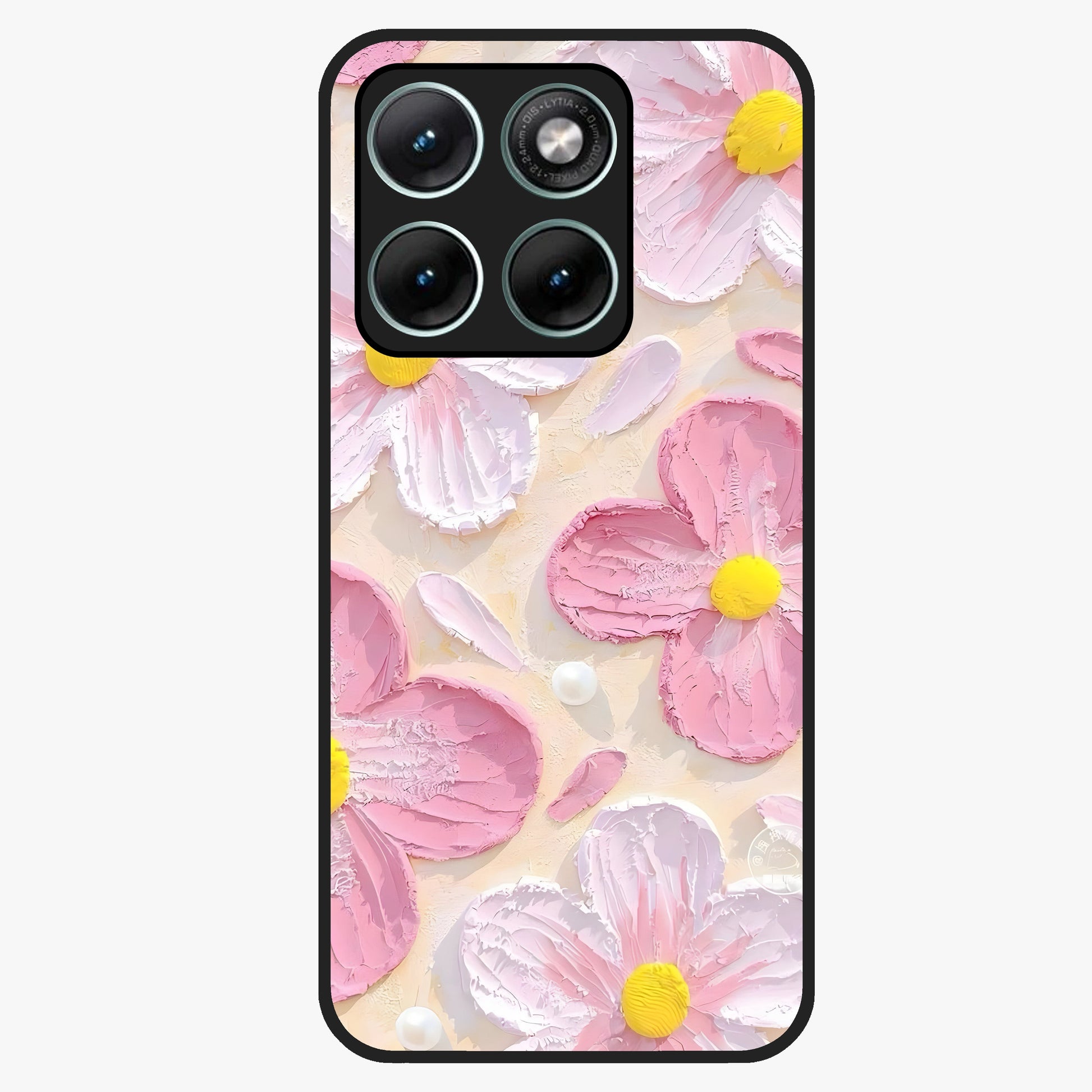 Blush Bloom Texture Glass Case showing flat back view with soft blush floral texture artwork and glossy glass finish.