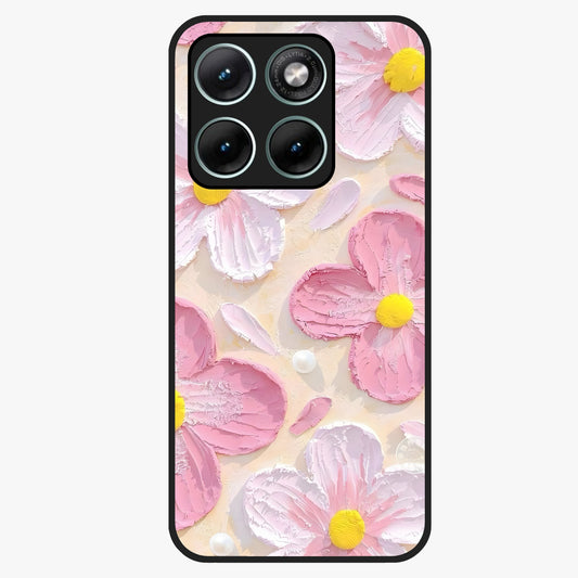 Blush Bloom Texture Glass Case showing flat back view with soft blush floral texture artwork and glossy glass finish.