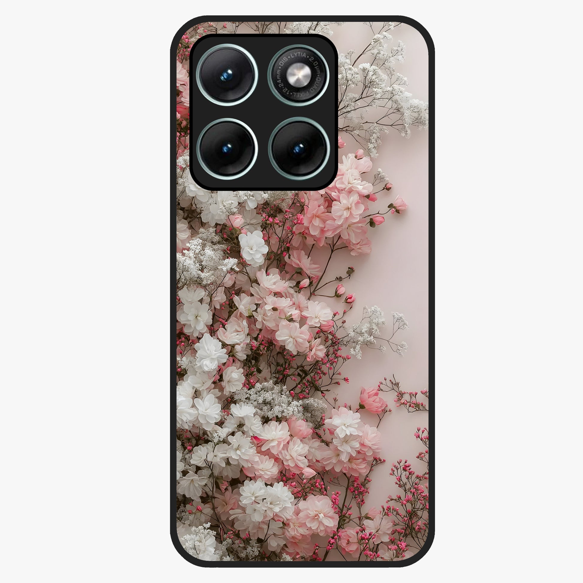 Blush Blossom Cloud Glass Case showing flat back view with dreamy blush cloud blossom artwork and glossy glass finish.