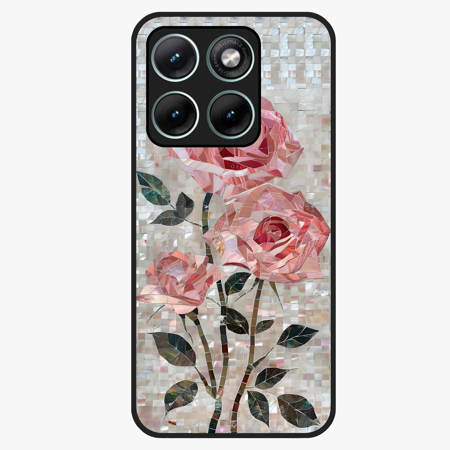 Blush Mosaic Bloom Glass Case showing flat back view with mosaic floral bloom artwork and glossy glass finish.