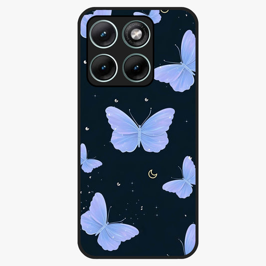 Butterfly With Stars Pattern Glass Case showing flat back view with butterfly and star pattern artwork and glossy glass finish.