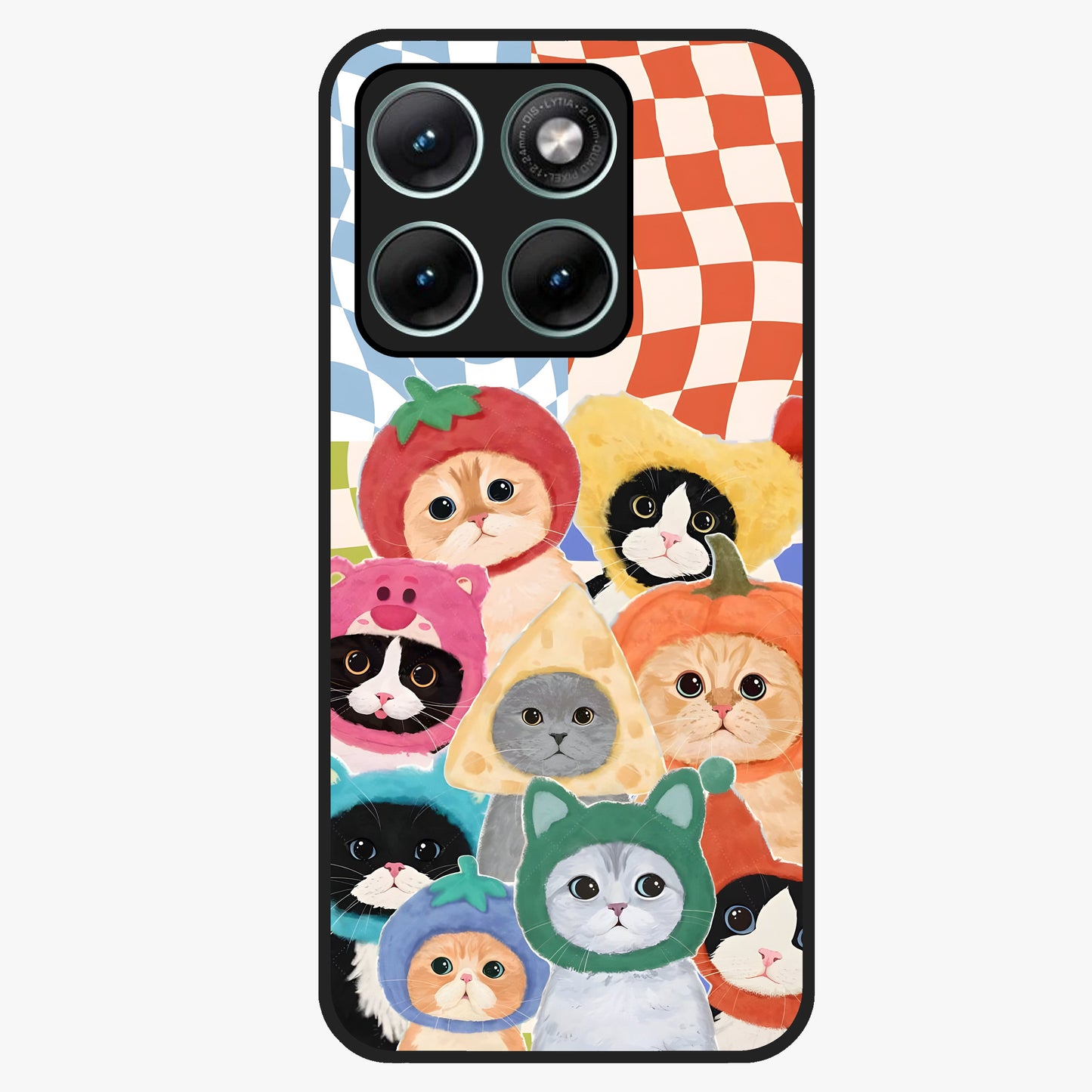 Cats in Fruits Glass Case showing flat back view with playful cat illustrations inside fruit artwork and glossy glass finish.