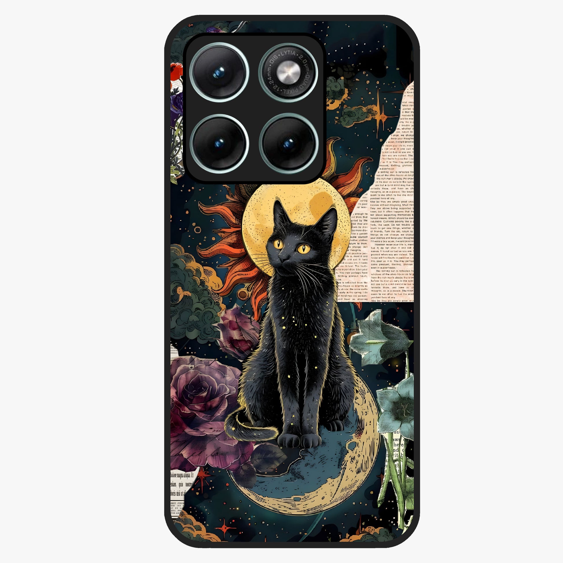 Celestial Black Cat Glass Case showing flat back view with mystical black cat artwork and glossy glass finish.