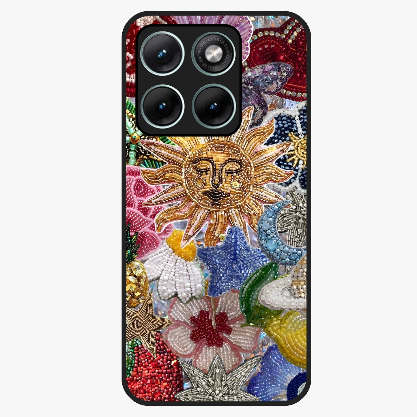 Celestial Floral and Playful Glass Case showing flat back view with floral and celestial themed artwork and glossy glass finish.