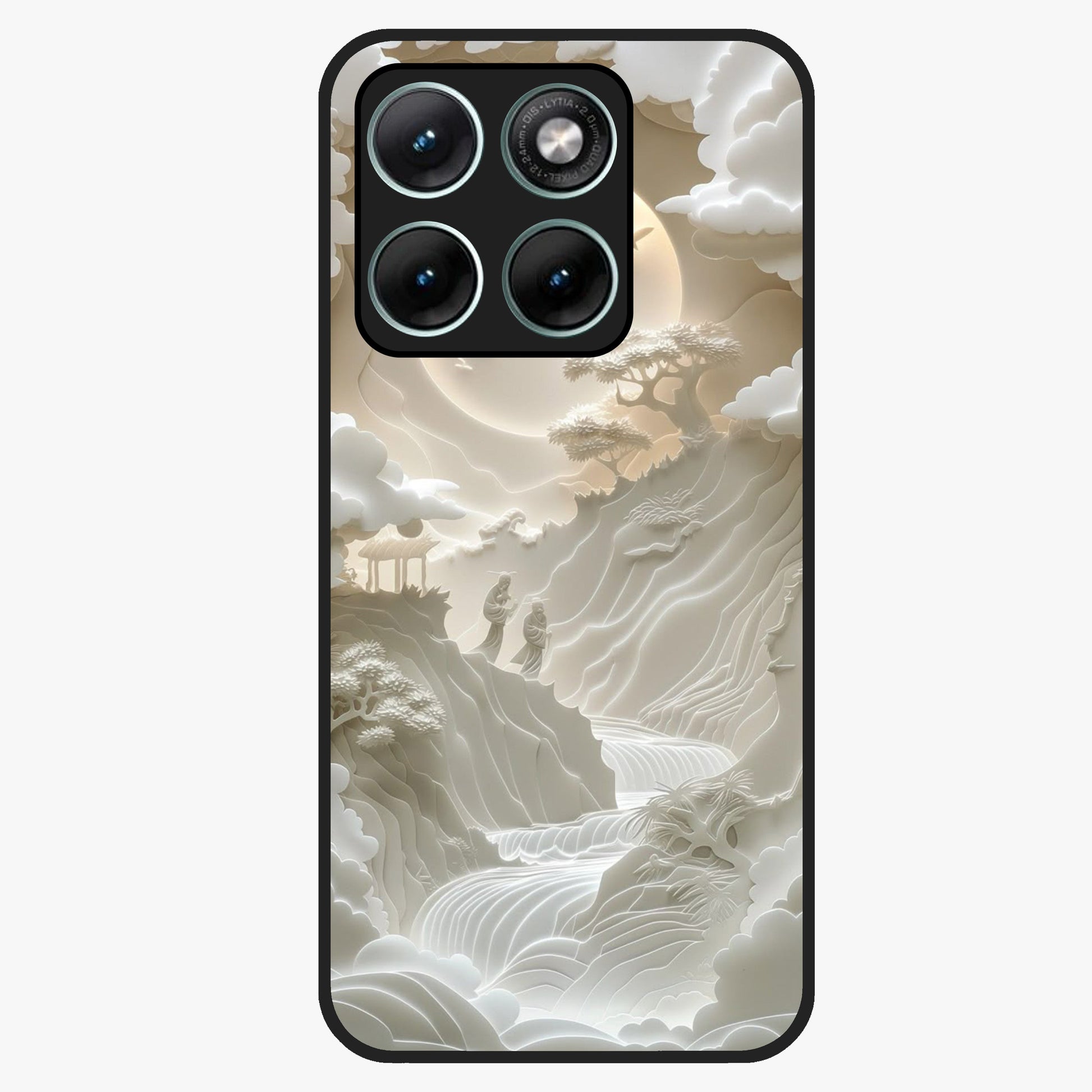 Celestial Origami Glass Case showing flat back view with artistic origami inspired celestial artwork and glossy glass finish.