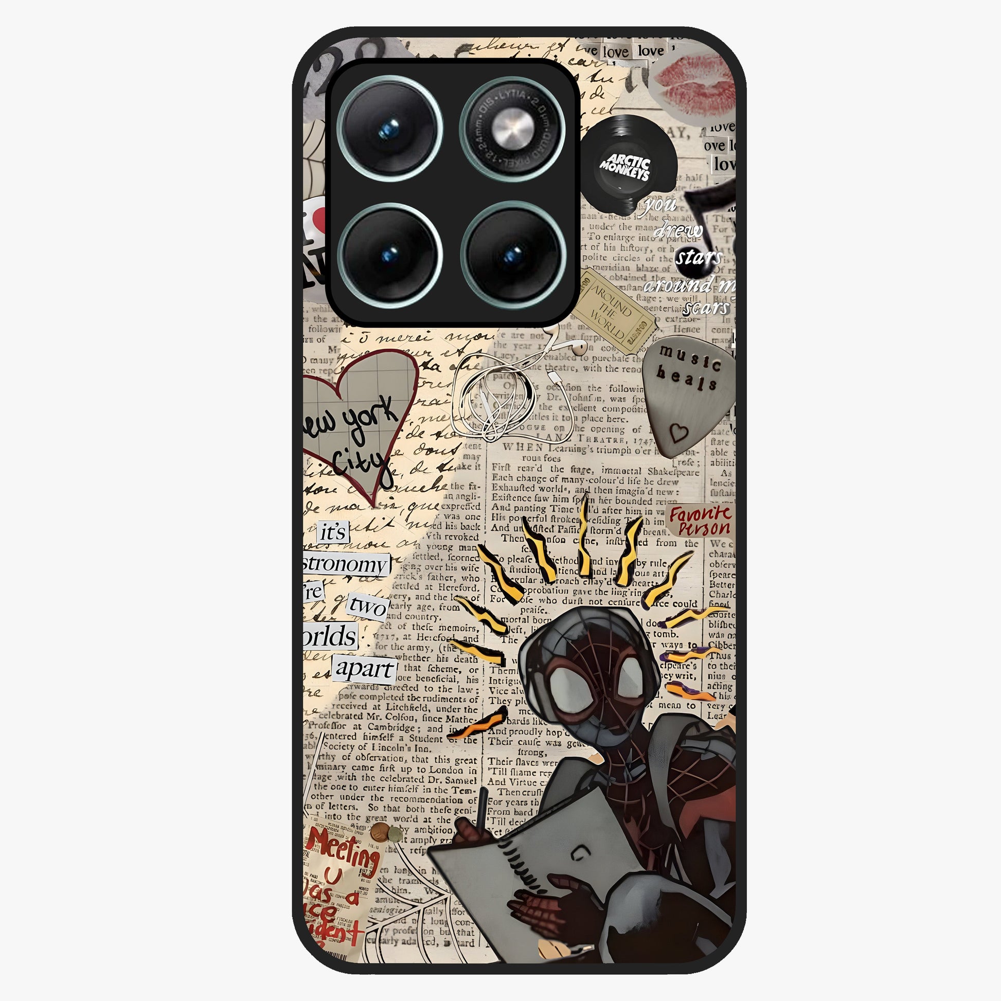 City Dream Sketch Glass Case showing flat back view with artistic city skyline sketch artwork and glossy glass finish.