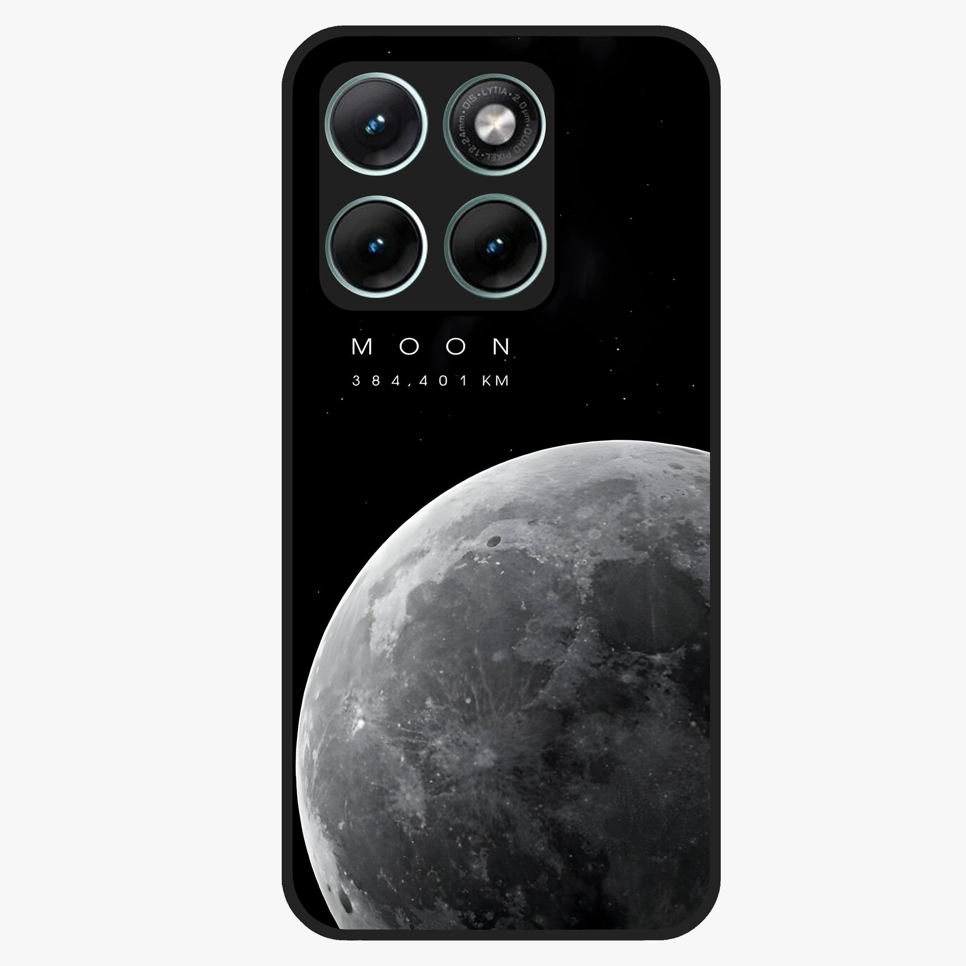 Cosmic Moon Glow Glass Case showing flat back view with glowing moon artwork and glossy glass finish.