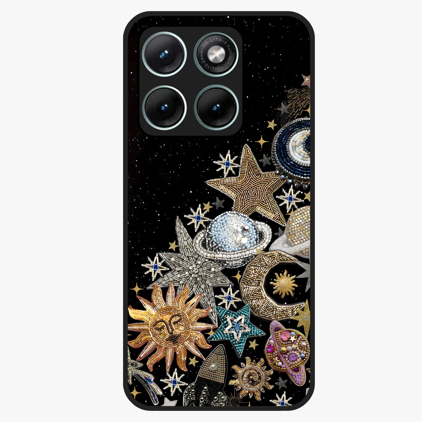 Cosmic Sparkle Dreams Glass Case showing flat back view with sparkling cosmic artwork and glossy glass finish.