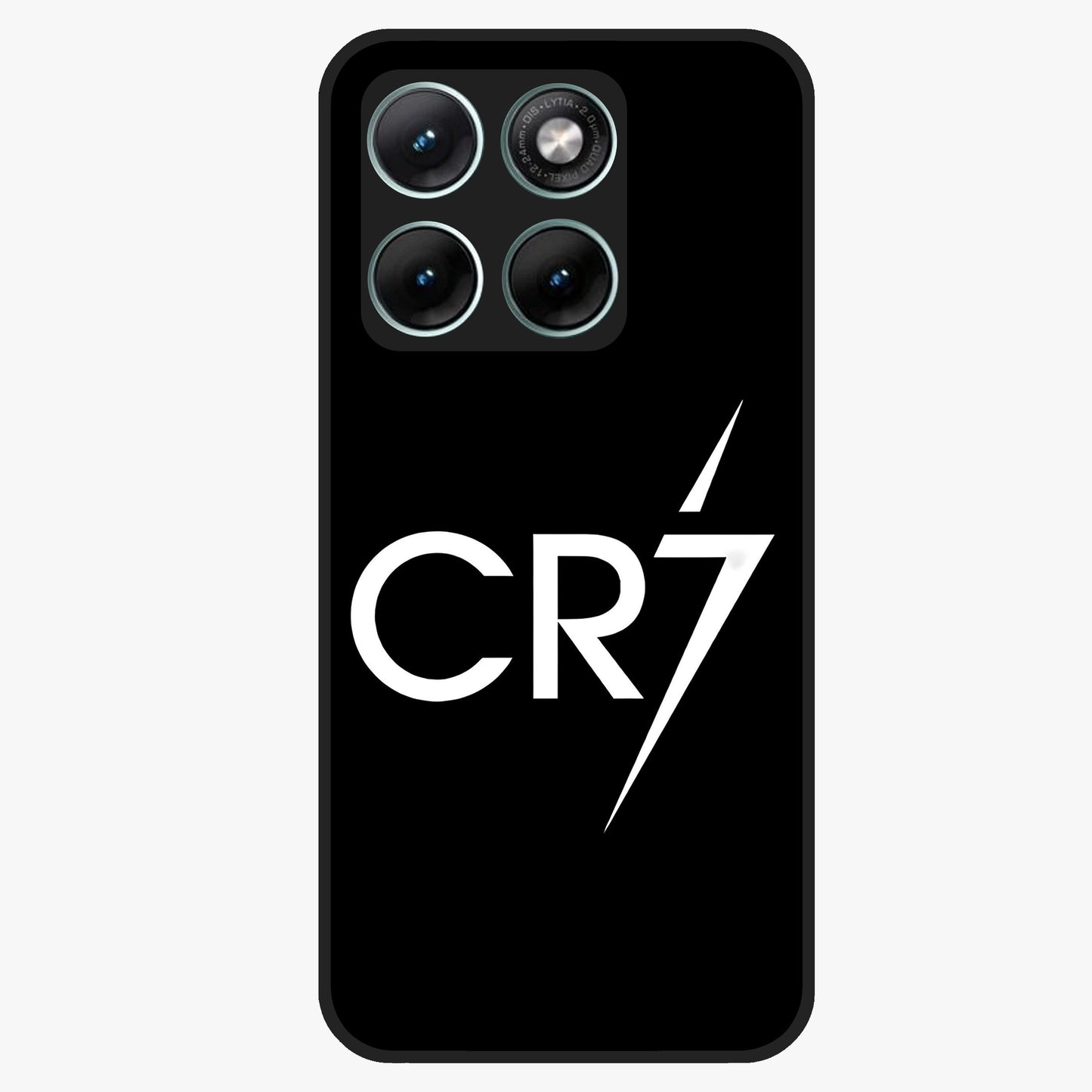 Cr7 Elite Strike Glass Case showing flat back view with dynamic football inspired artwork and glossy glass finish.