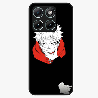 Crimson Chaos Smile Glass Case showing flat back view with bold chaotic smile artwork and glossy glass finish.