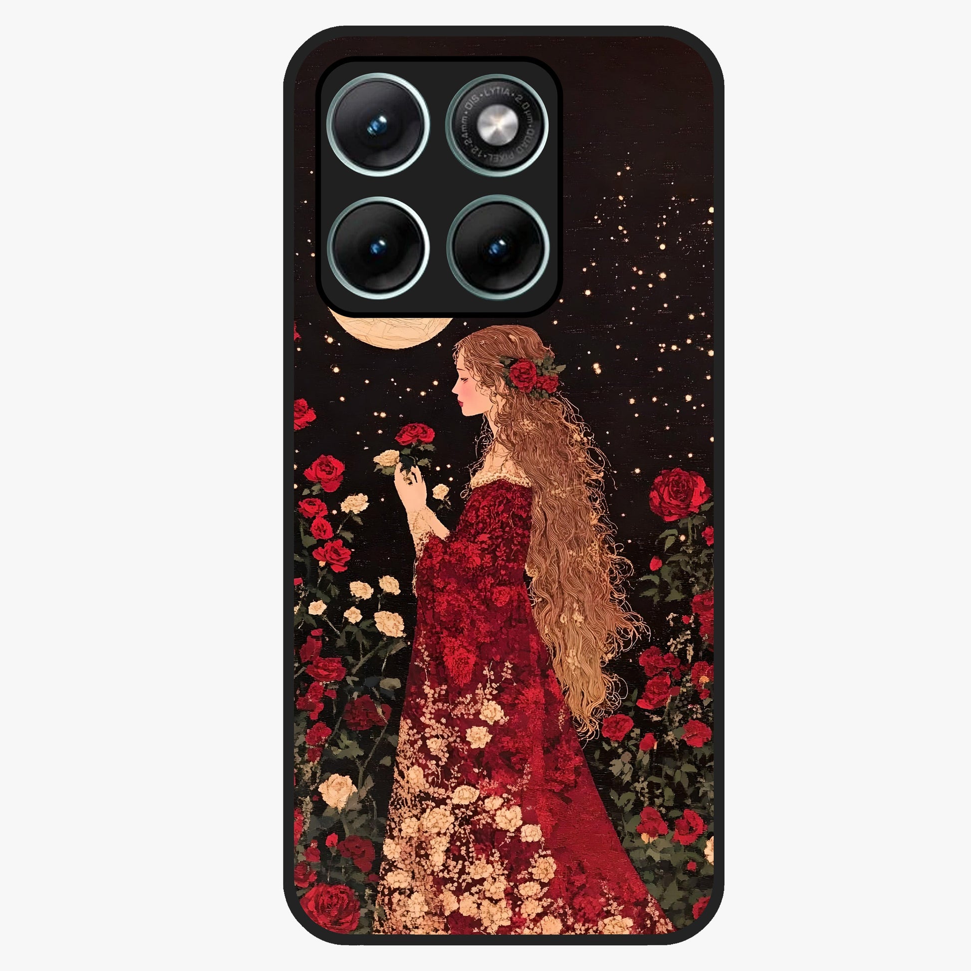 Crimson Dreams Glass Case showing flat back view with dreamy crimson artwork and glossy glass finish.