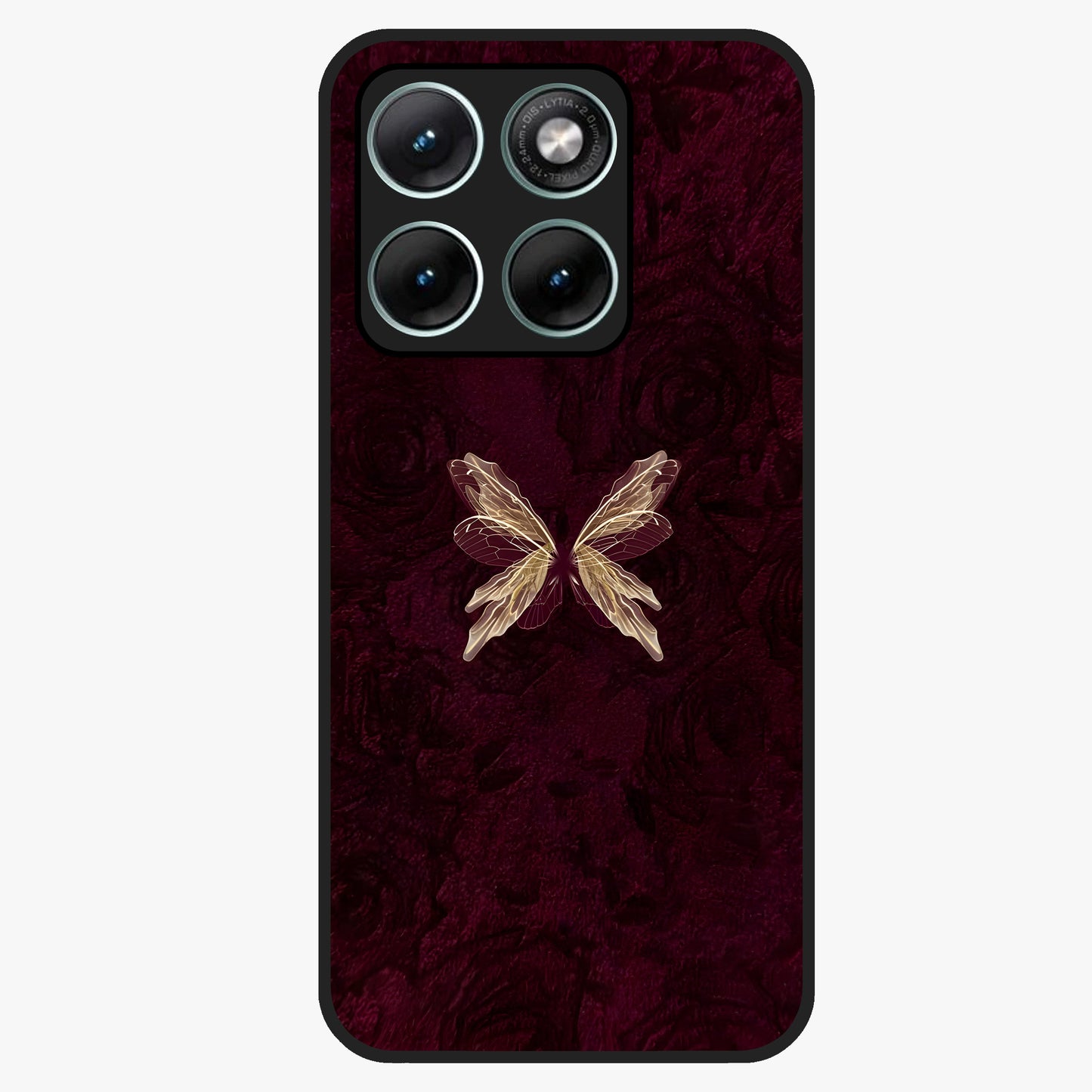 Crimson Fade Butterfly Glass Case showing flat back view with fading butterfly artwork and glossy glass finish.