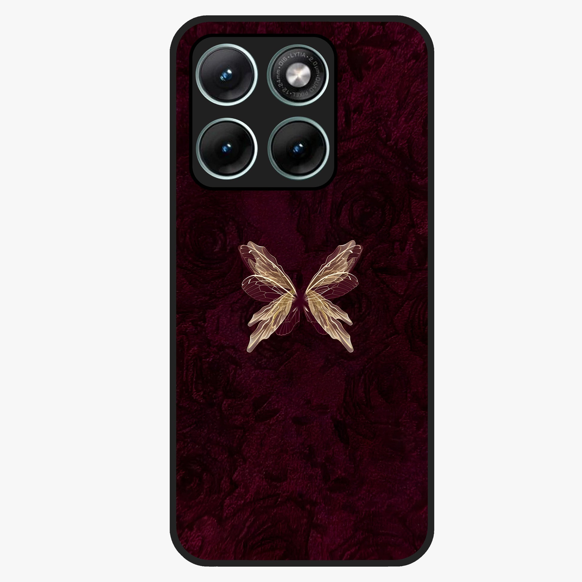Crimson Fade Butterfly Glass Case showing flat back view with fading butterfly artwork and glossy glass finish.