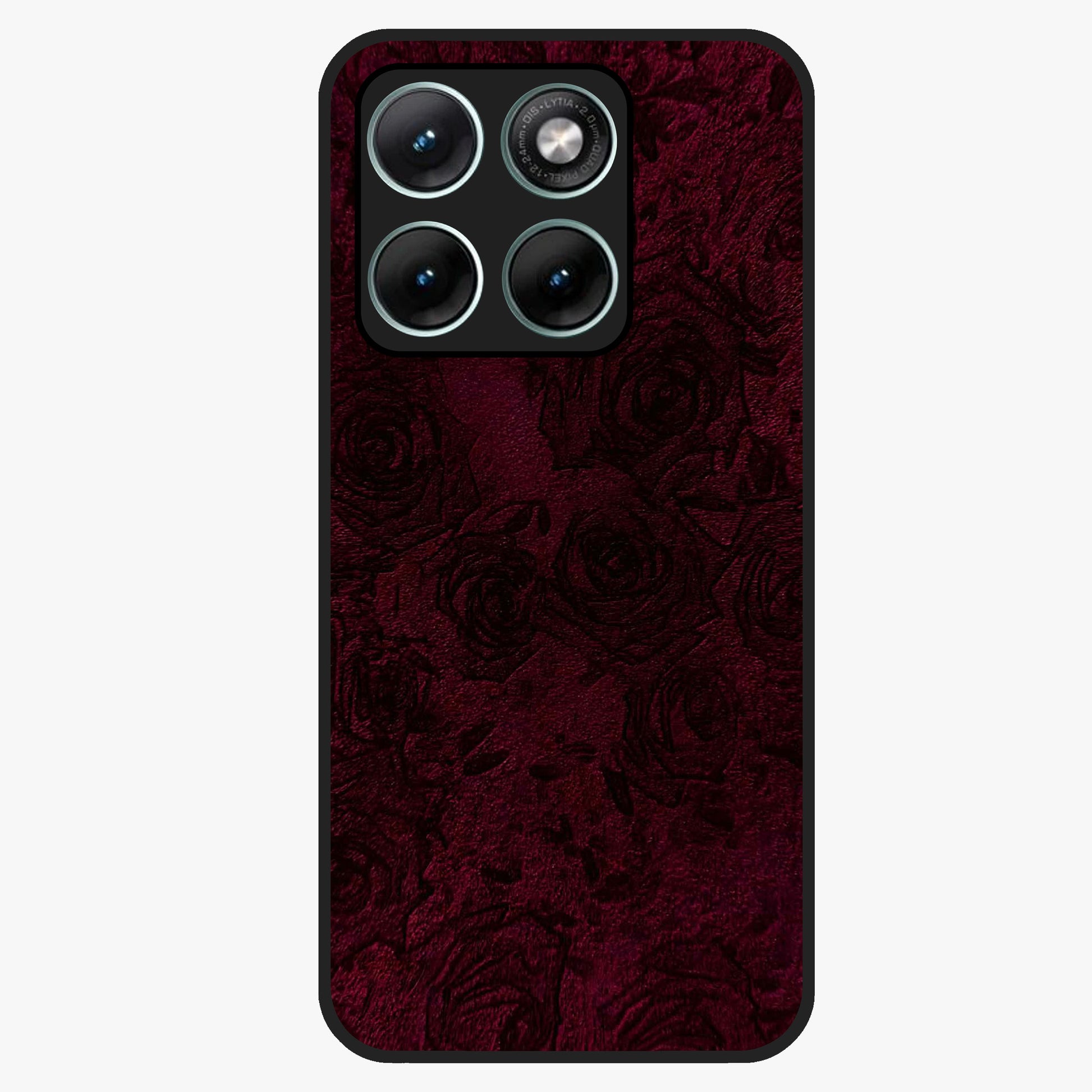 Crimson Fade Flow Glass Case showing flat back view with flowing crimson gradient artwork and glossy glass finish.