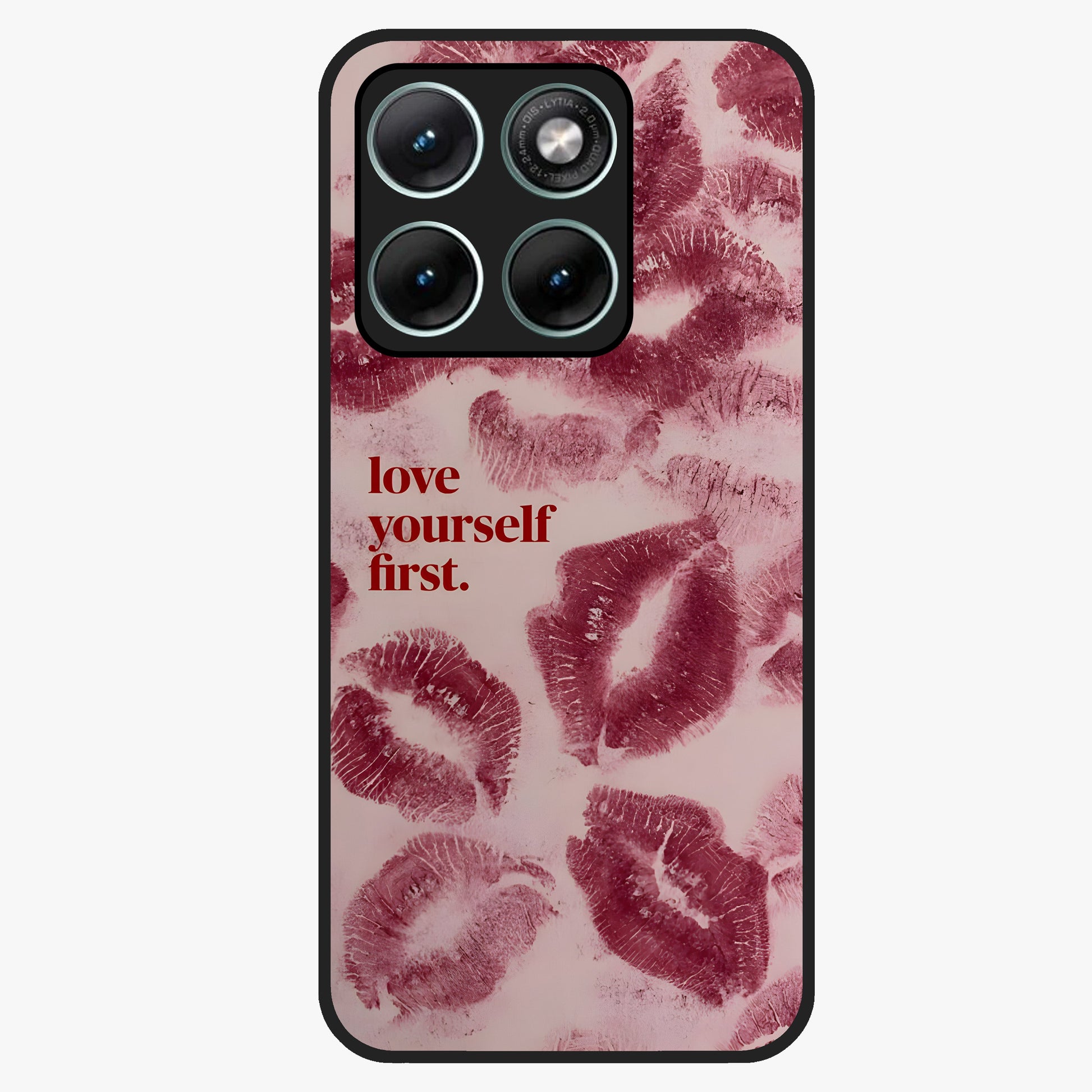 Crimson Kiss Love Glass Case showing flat back view with romantic crimson themed artwork and glossy glass finish.