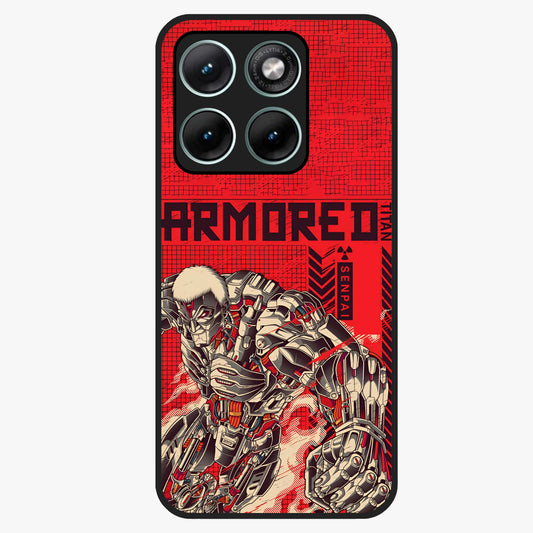 Crimson Mecha Titan Glass Case showing flat back view with powerful mech titan artwork and glossy glass finish.
