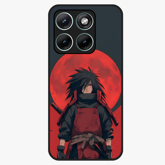 Crimson Moon Warlord Glass Case showing flat back view with mystical moon warrior artwork and glossy glass finish.