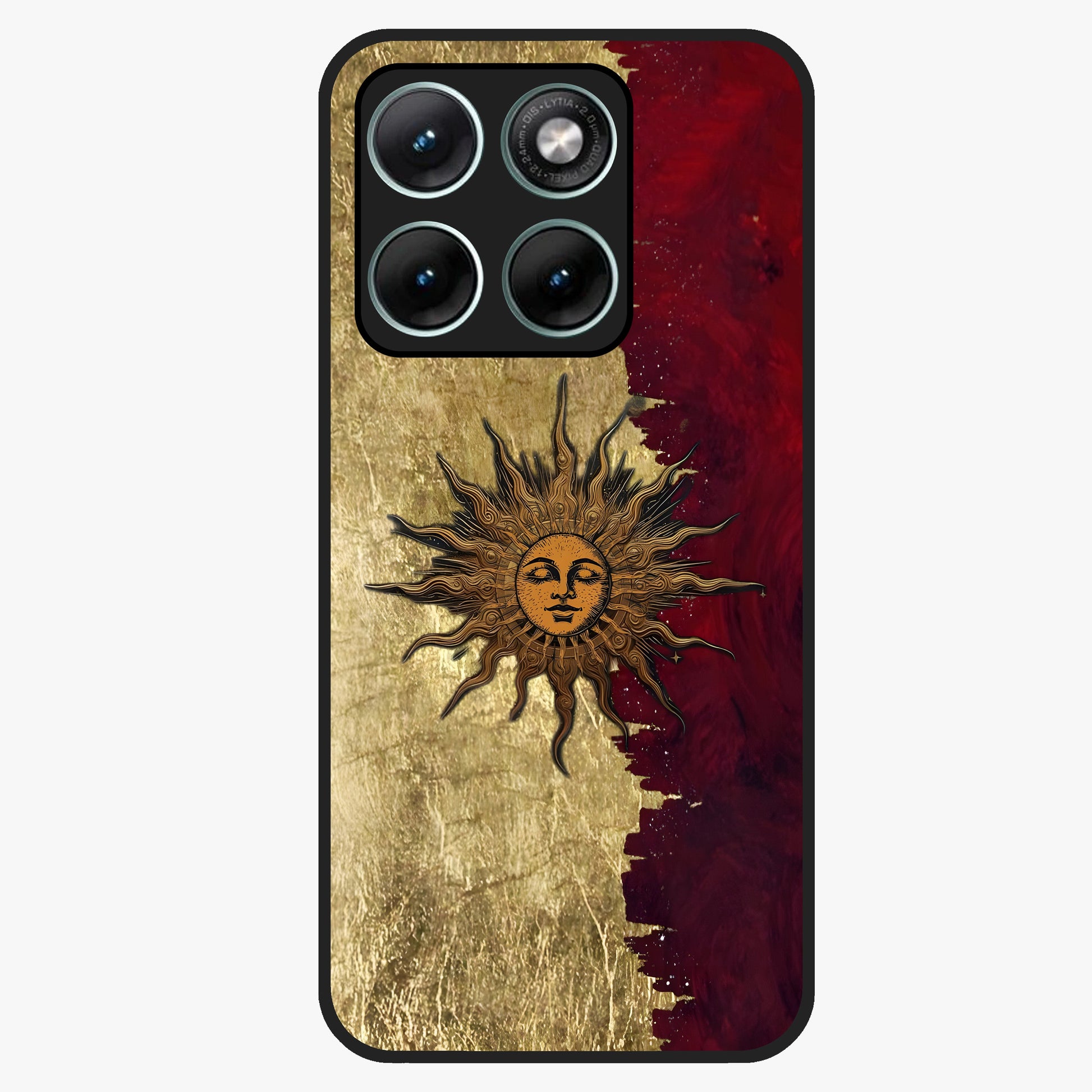 Crimson Sun Majesty Glass Case showing flat back view with radiant sun inspired artwork and glossy glass finish.