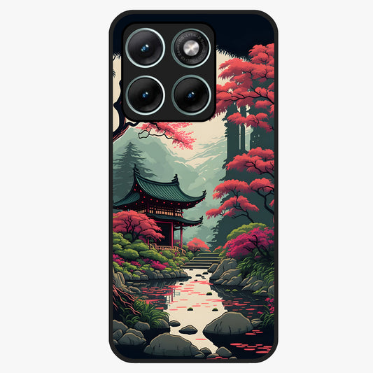 Crimson Temple View Glass Case showing flat back view with temple inspired artwork and glossy glass finish.