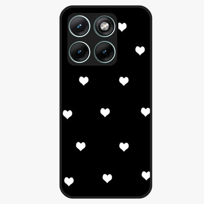Cute And Simple White Hearts Glass Case showing flat back view with minimal white heart pattern and glossy glass finish.
