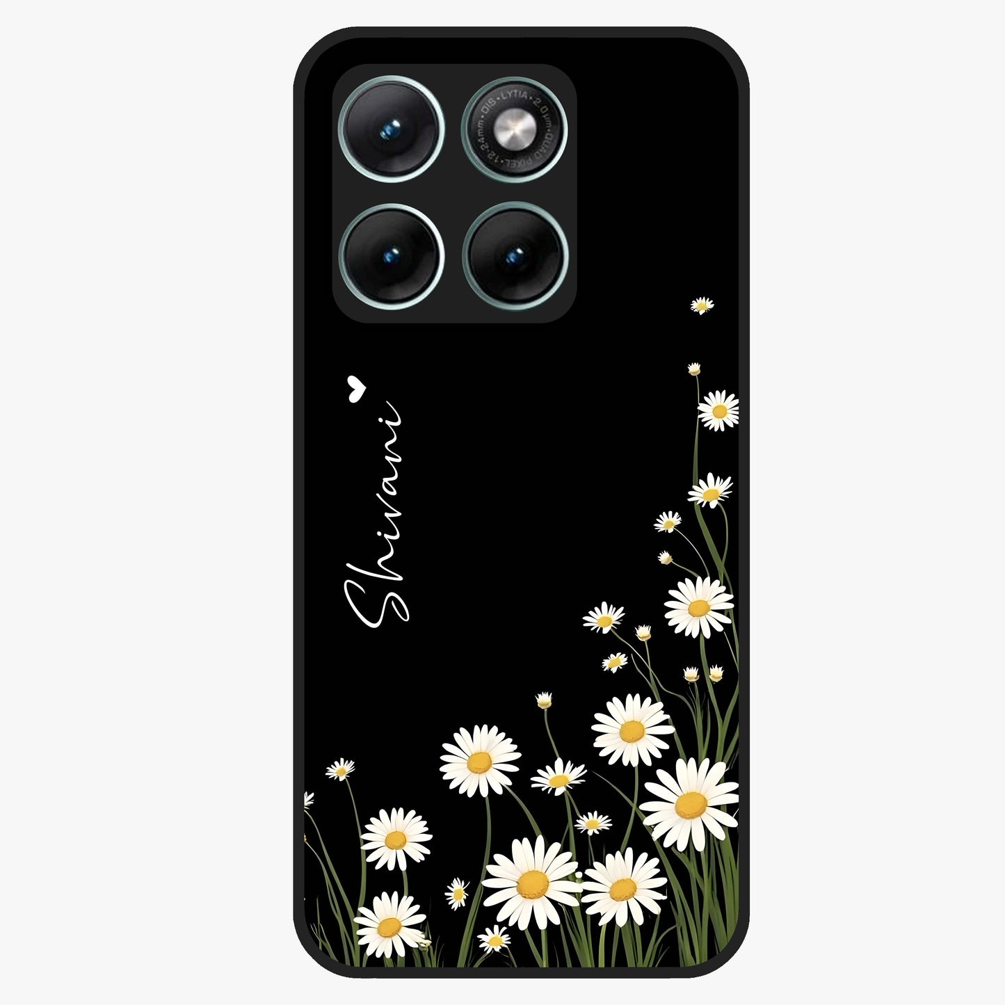 Daisy Cascade Custom Name Glass Case showing flat back view with cascading daisy flowers and personalized name design.