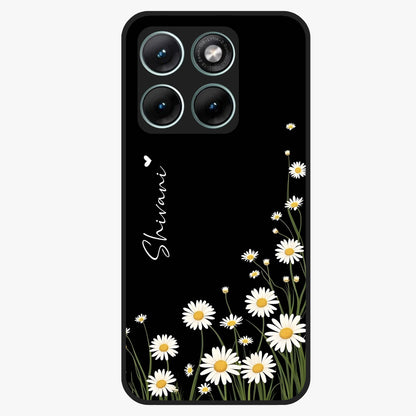 Daisy Cascade Custom Name Glass Case showing flat back view with cascading daisy flowers and personalized name design.