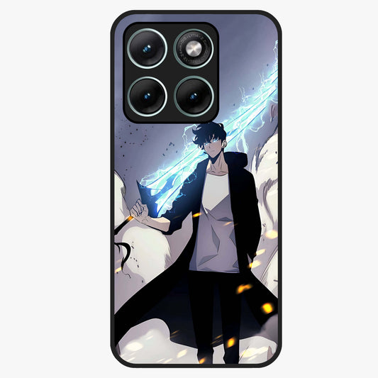 Dark Lightning Anime Warrior Glass Case showing flat back view with intense anime warrior artwork and glossy glass finish.
