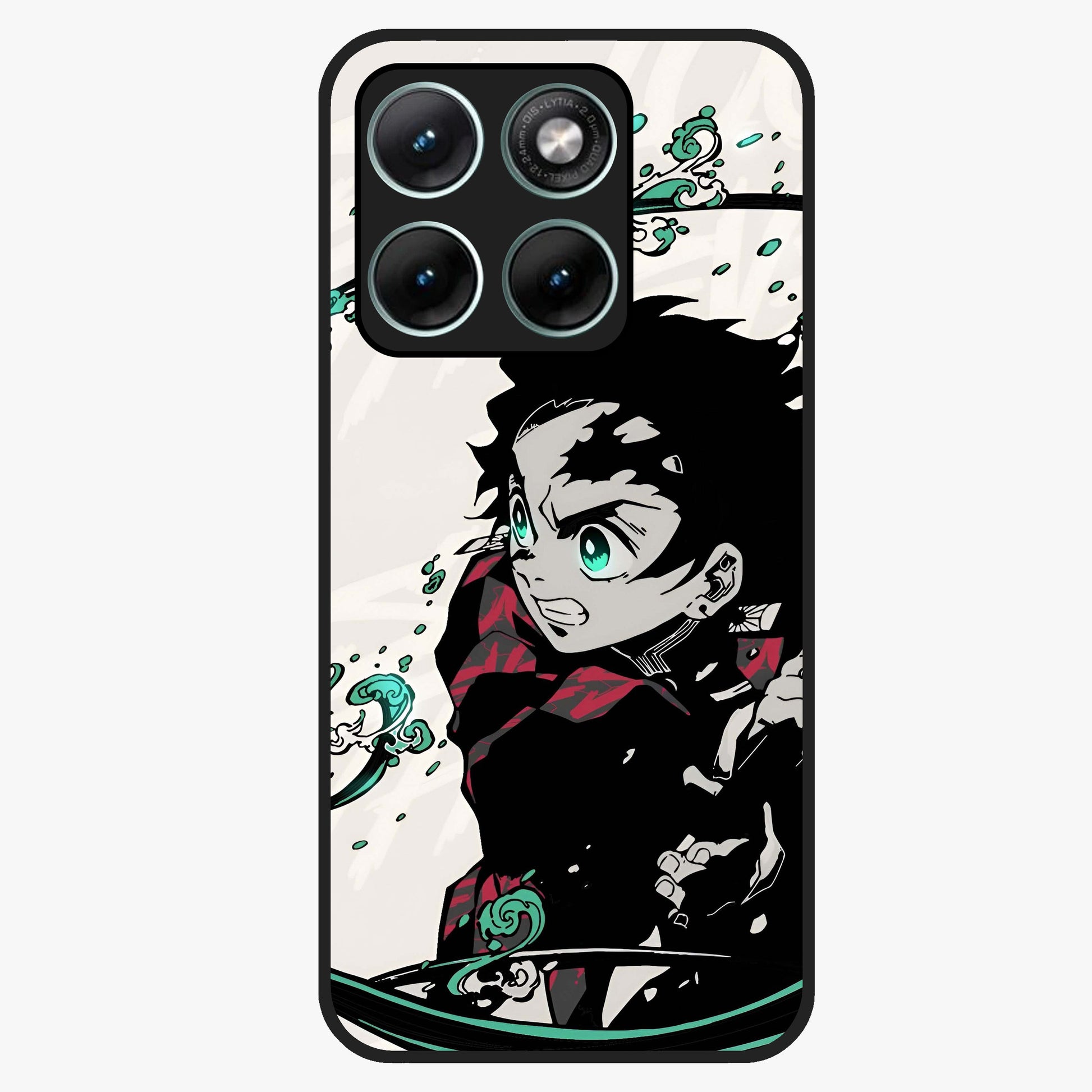 Demon Slayer Glass Case showing flat back view with bold anime inspired artwork and glossy glass finish.