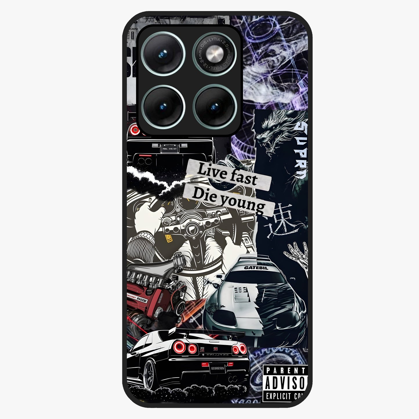Die Young Glass Case showing flat back view with bold artistic typography design and glossy glass finish.
