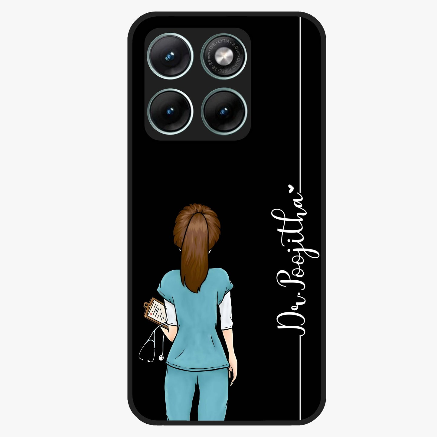 Doctor Pattern Custom Name Glass Case showing flat back view with medical themed pattern and personalized name design.